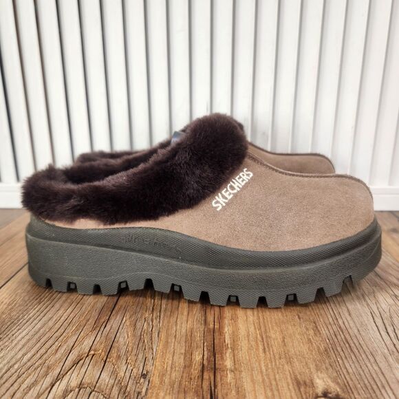 SKECHERS Shoes - Skechers Shindigs Fortress Womens Size 6 Brown Suede Faux Fur Slip On Clog Shoes